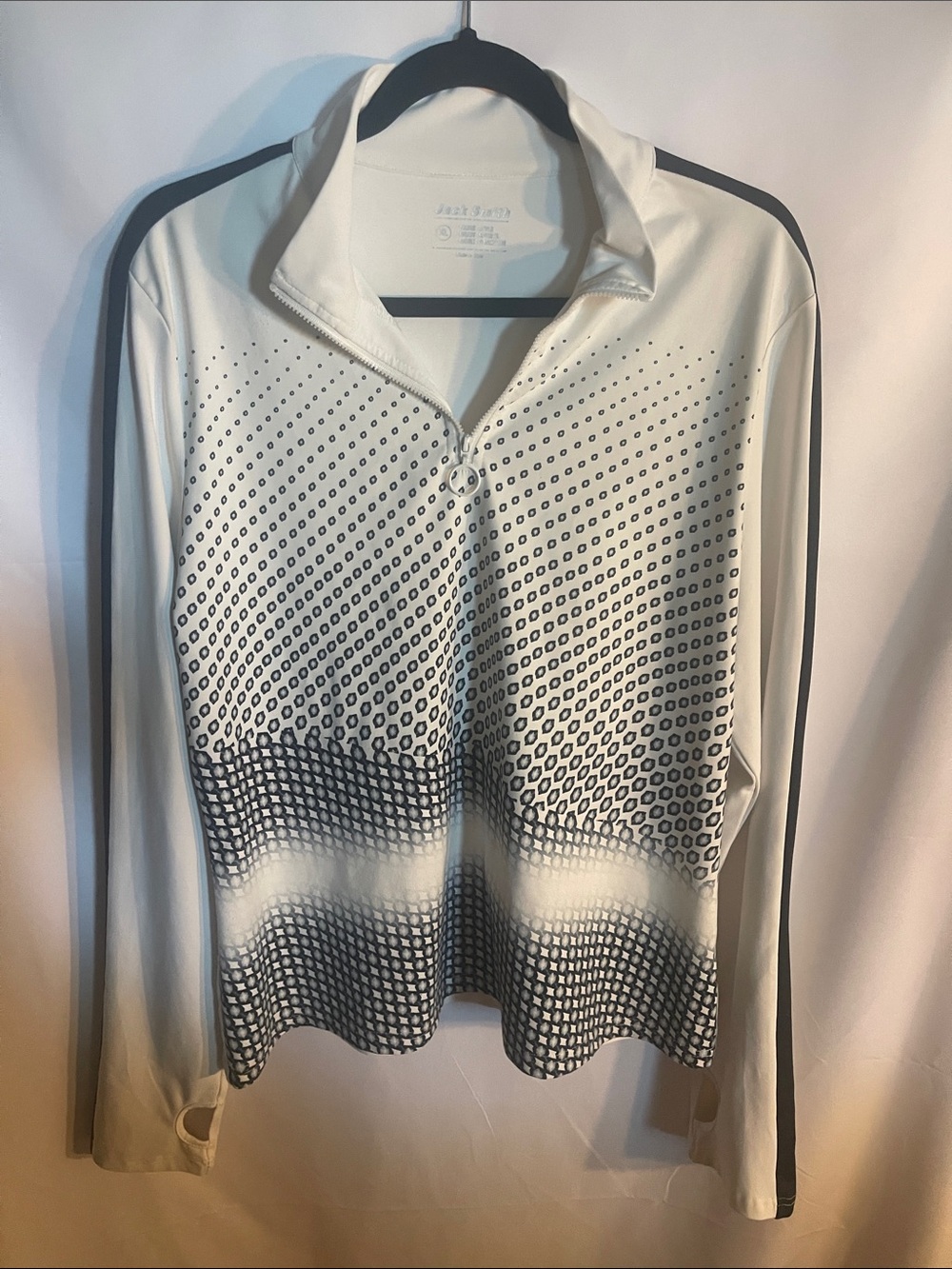 White Long-Sleeve Quarter-Zip Performance Top with Black Gradient Dot Detail